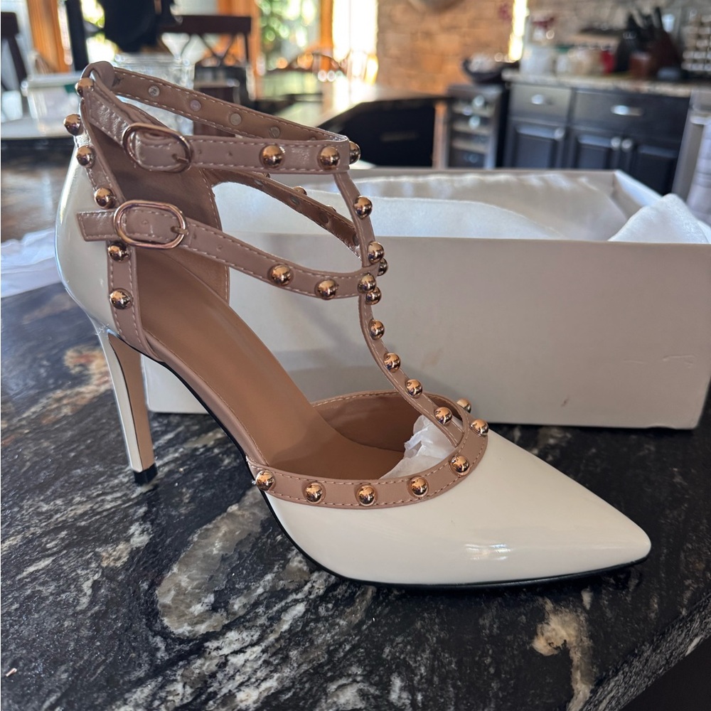 Studded White and Tan Women's Heels